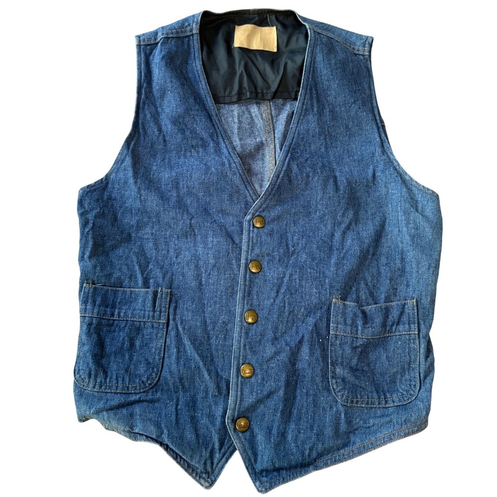 VTG 70s Lee USA Made Denim Work Vest Mens S Blue Jean Brass Button Trucker